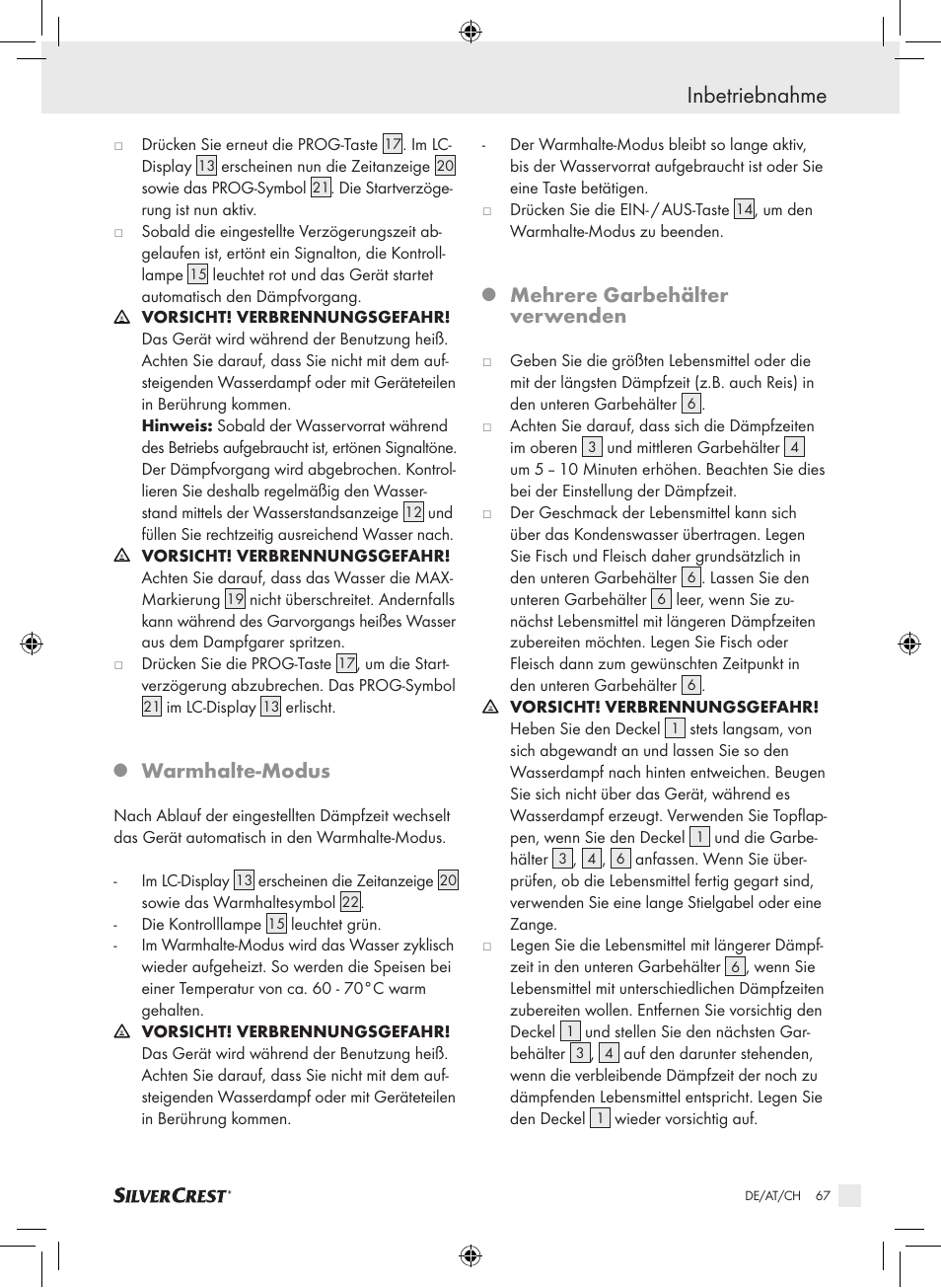 Inbetriebnahme, Warmhalte­modus, Mehrere garbehälter verwenden | Silvercrest SDG 800 A1 User Manual | Page 65 / 72