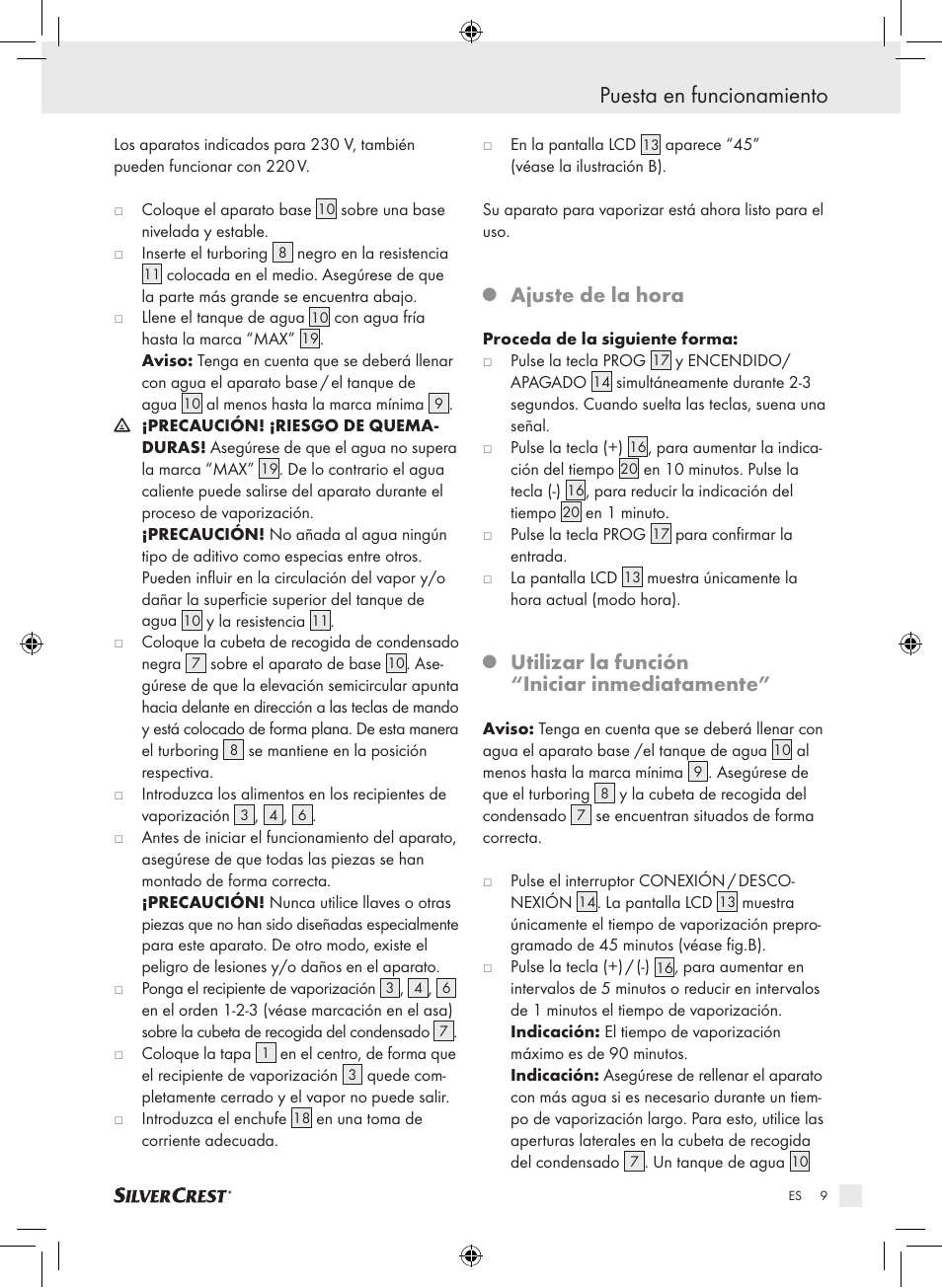 Puesta en funcionamiento, Ajuste de la hora, Utilizar la función “iniciar inmediatamente | Silvercrest SDG 800 A1 User Manual | Page 7 / 72
