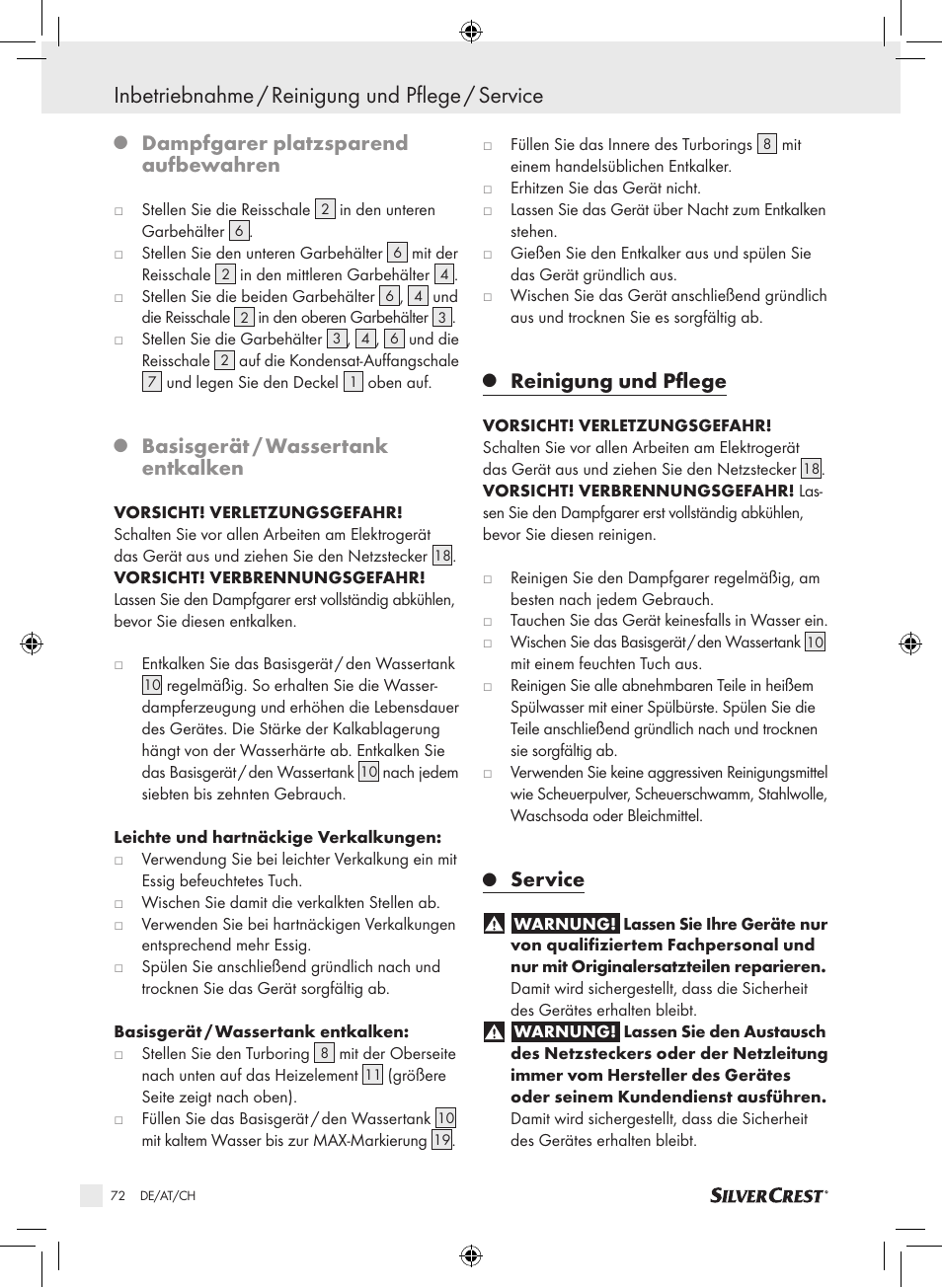 Inbetriebnahme / reinigung und pflege / service, Dampfgarer platzsparend aufbewahren, Basisgerät / wassertank entkalken | Reinigung und pflege, Service | Silvercrest SDG 800 A1 User Manual | Page 70 / 72