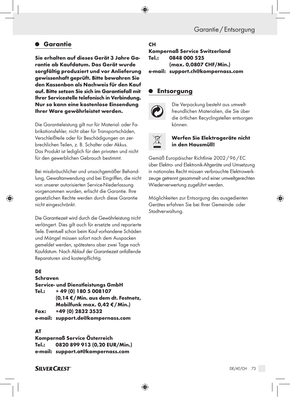 Garantie / entsorgung, Garantie, Entsorgung | Silvercrest SDG 800 A1 User Manual | Page 71 / 72