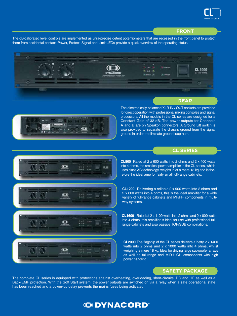 Front, Safety package, Rear | Cl series | Dynacord CL800 User Manual | Page 3 / 4