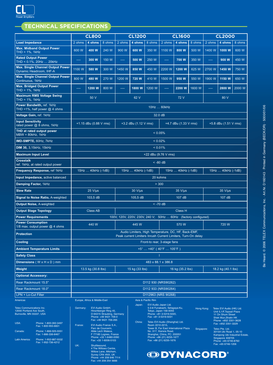 Technical specifications | Dynacord CL800 User Manual | Page 4 / 4