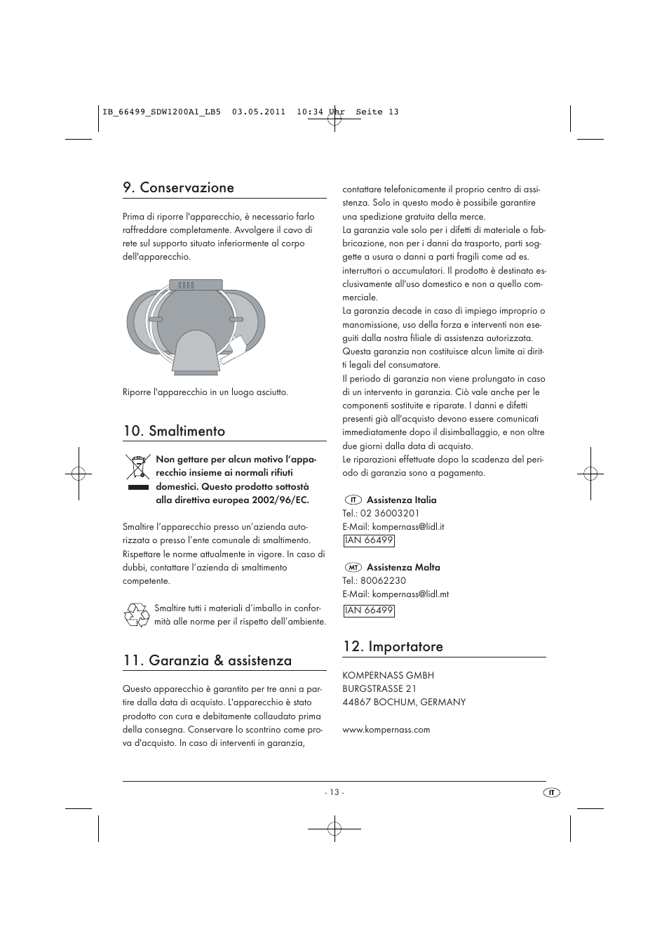 Conservazione, Smaltimento, Garanzia & assistenza | Importatore | Silvercrest SDW 1200 A1 User Manual | Page 15 / 42