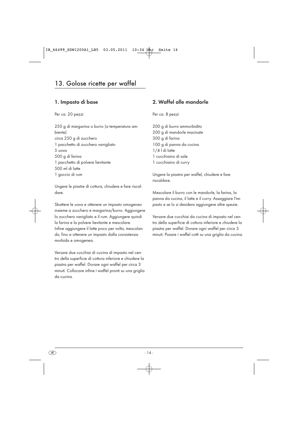 Golose ricette per waffel, Impasto di base, Waffel alle mandorle | Silvercrest SDW 1200 A1 User Manual | Page 16 / 42
