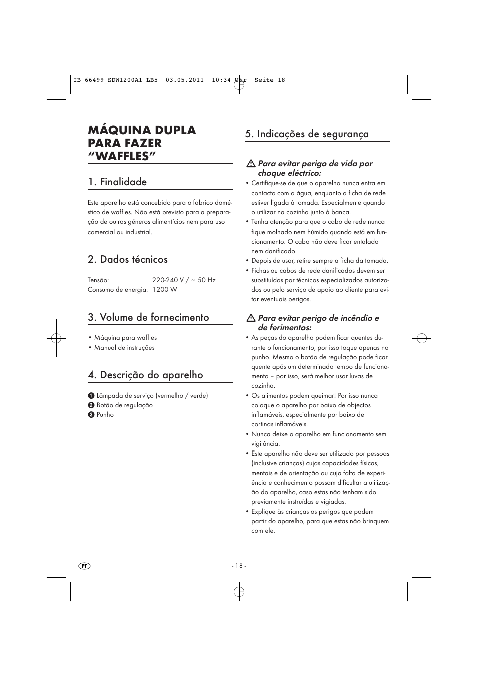 Máquina dupla para fazer “waffles, Finalidade, Dados técnicos | Volume de fornecimento, Descrição do aparelho, Indicações de segurança | Silvercrest SDW 1200 A1 User Manual | Page 20 / 42