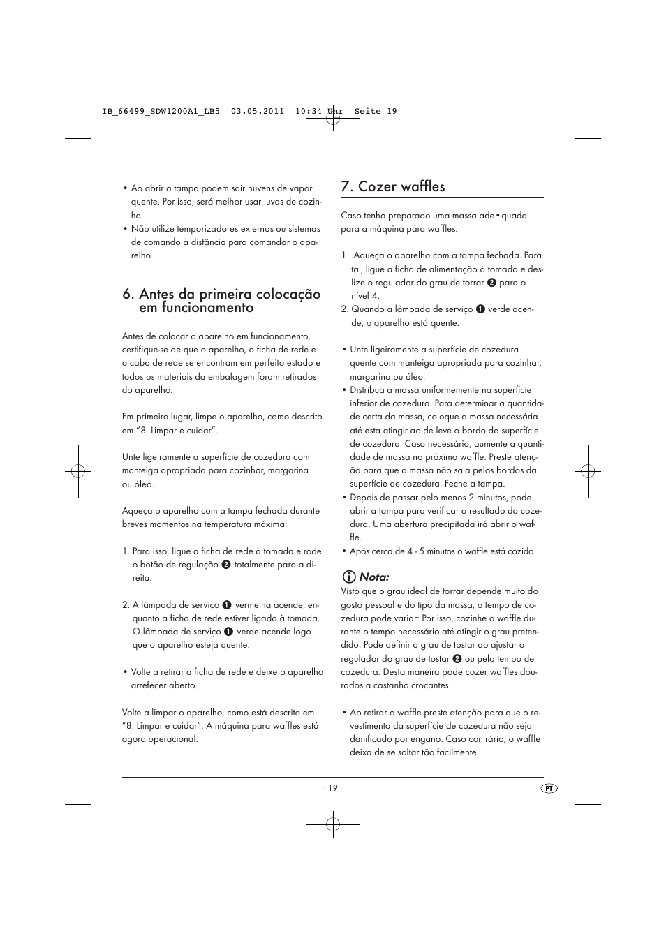 Antes da primeira colocação em funcionamento, Cozer waffles, Nota | Silvercrest SDW 1200 A1 User Manual | Page 21 / 42