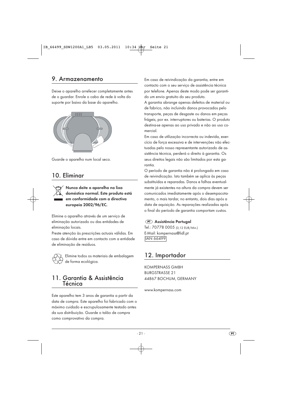 Armazenamento, Eliminar, Garantia & assistência técnica | Importador | Silvercrest SDW 1200 A1 User Manual | Page 23 / 42