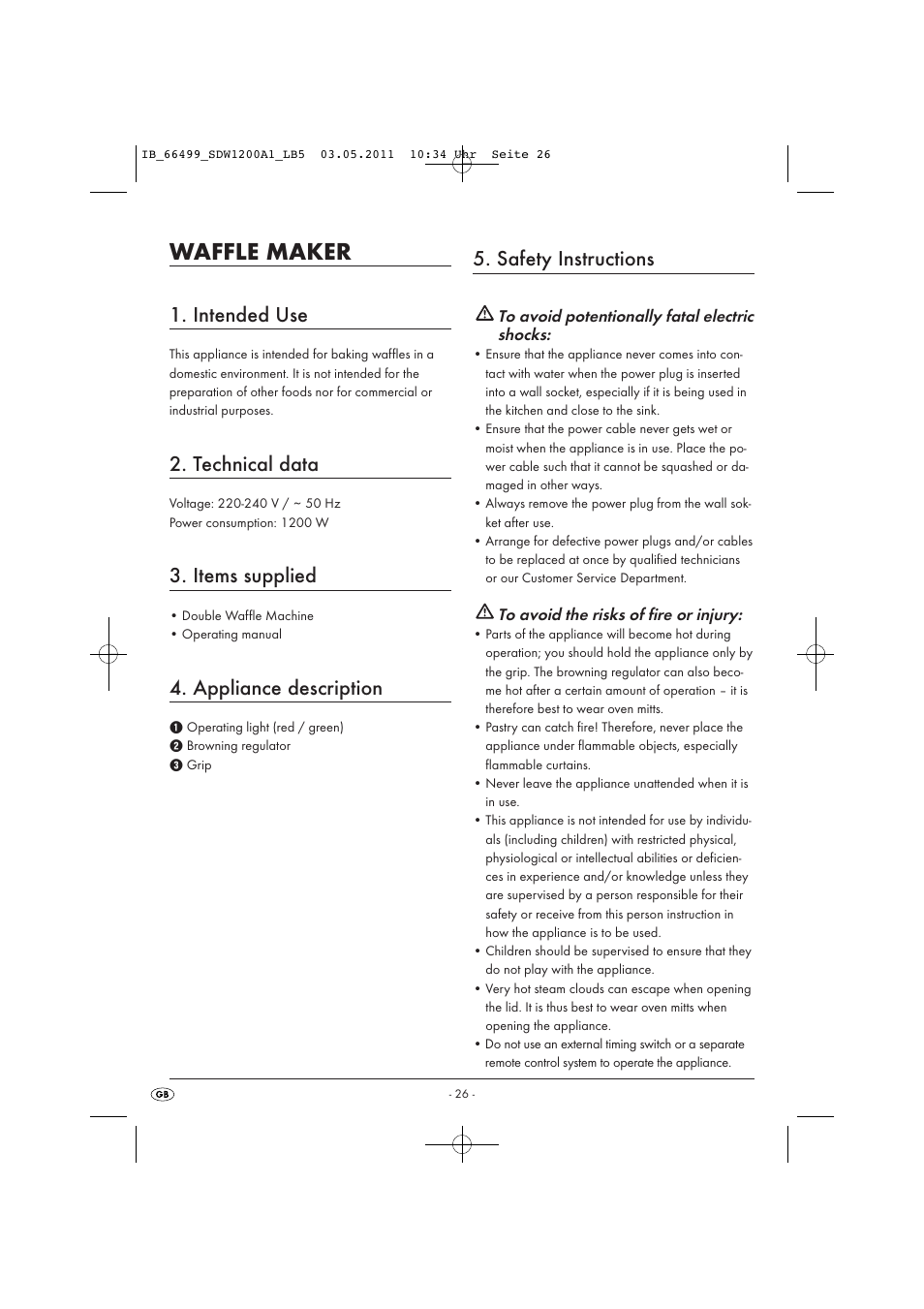 Waffle maker, Intended use, Technical data | Items supplied, Appliance description, Safety instructions | Silvercrest SDW 1200 A1 User Manual | Page 28 / 42