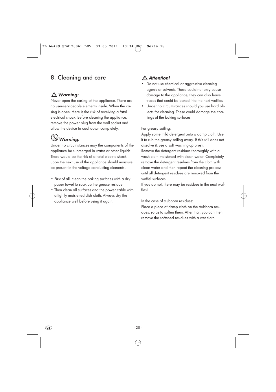 Cleaning and care, Warning, Attention | Silvercrest SDW 1200 A1 User Manual | Page 30 / 42