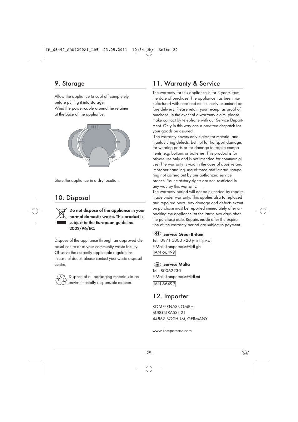 Storage, Disposal, Warranty & service | Importer | Silvercrest SDW 1200 A1 User Manual | Page 31 / 42