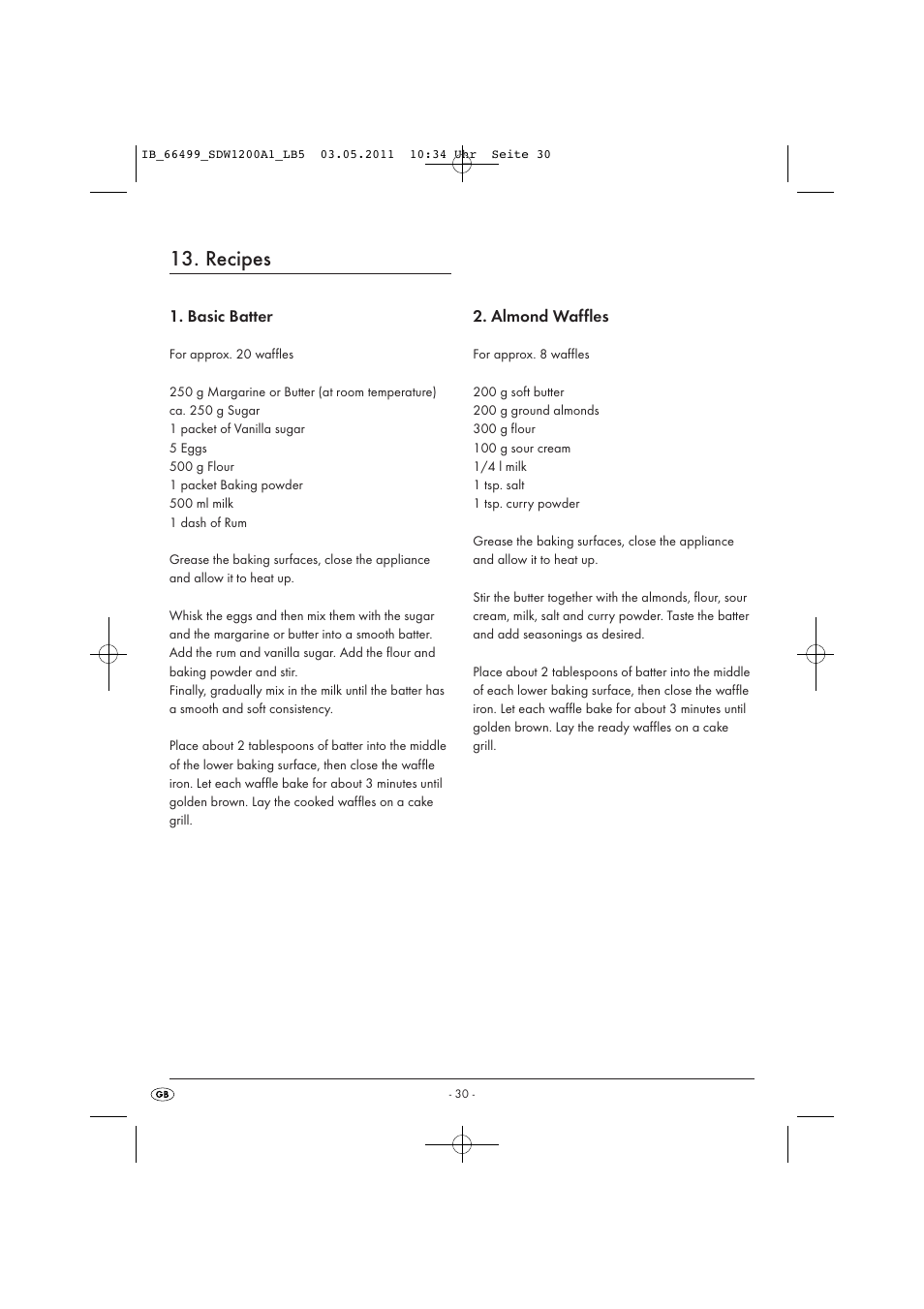 Recipes, Basic batter, Almond waffles | Silvercrest SDW 1200 A1 User Manual | Page 32 / 42