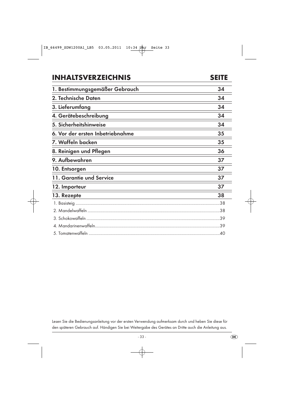 Inhaltsverzeichnis seite | Silvercrest SDW 1200 A1 User Manual | Page 35 / 42