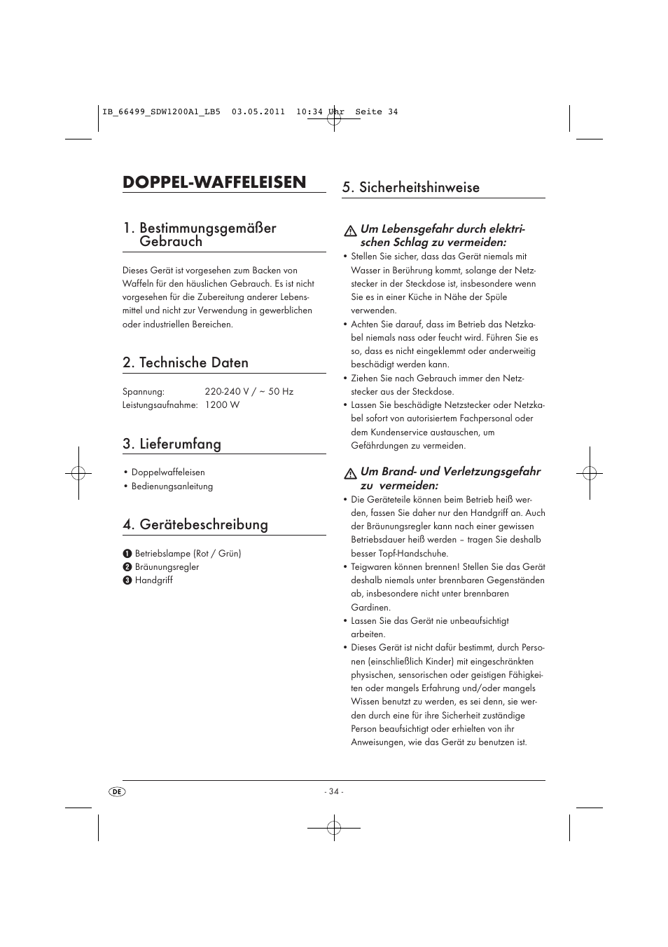 Doppel-waffeleisen, Bestimmungsgemäßer gebrauch, Technische daten | Lieferumfang, Gerätebeschreibung, Sicherheitshinweise | Silvercrest SDW 1200 A1 User Manual | Page 36 / 42