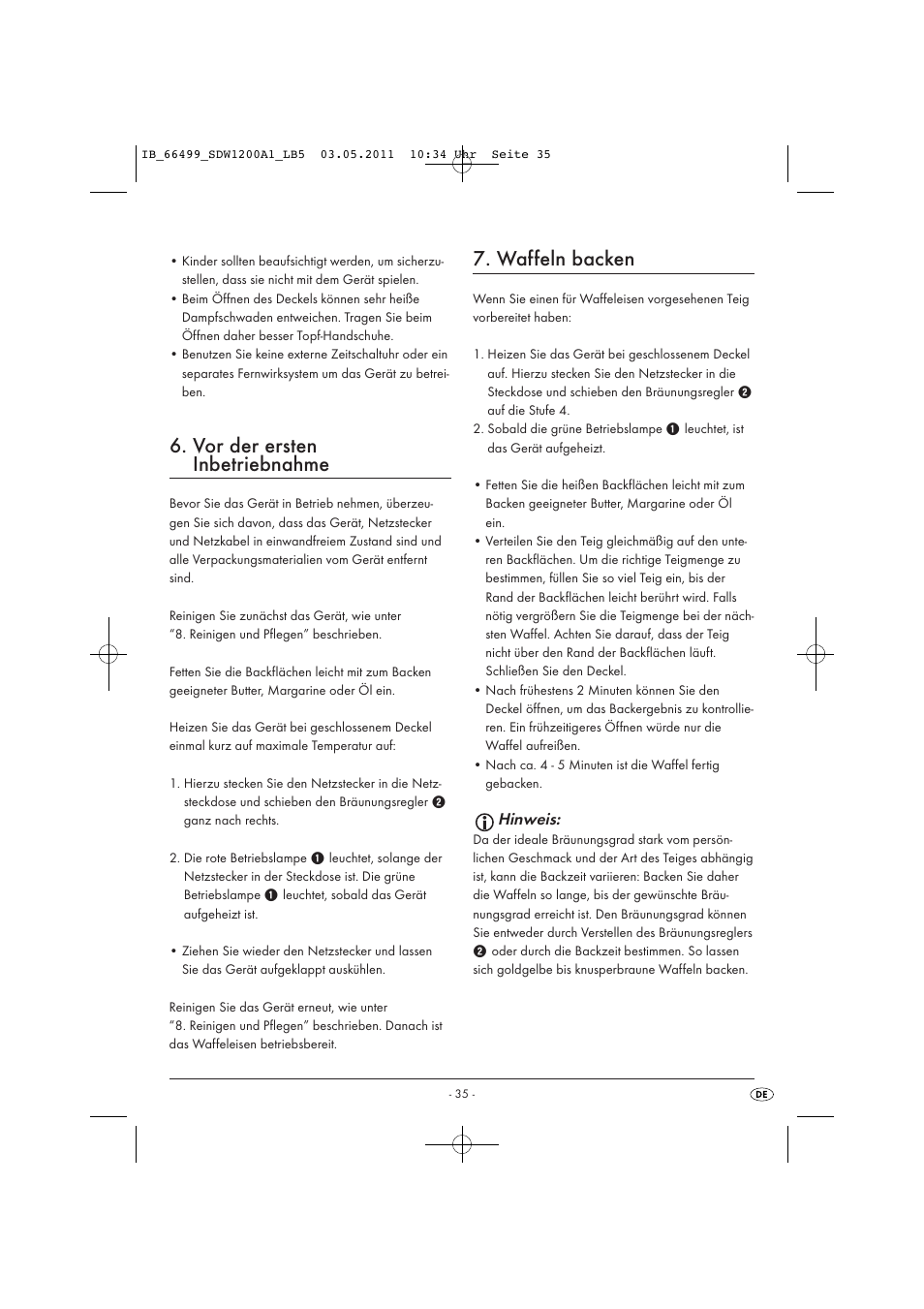 Vor der ersten inbetriebnahme, Waffeln backen, Hinweis | Silvercrest SDW 1200 A1 User Manual | Page 37 / 42