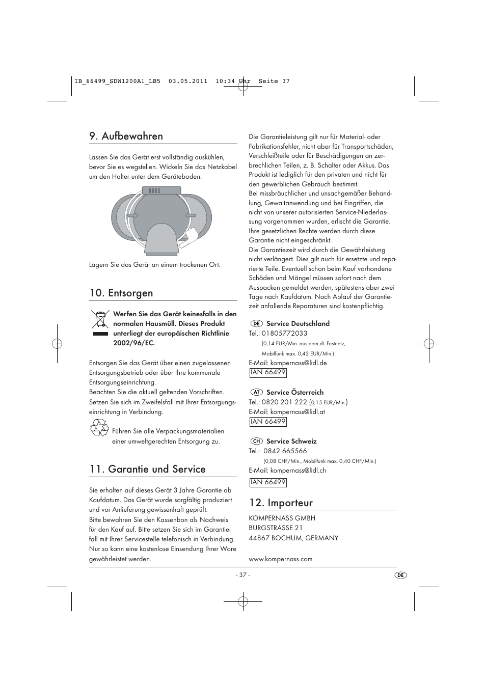 Aufbewahren, Entsorgen, Garantie und service | Importeur | Silvercrest SDW 1200 A1 User Manual | Page 39 / 42