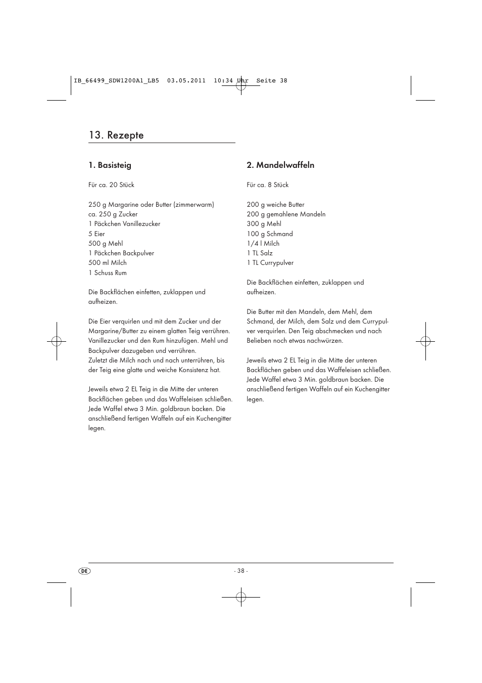 Rezepte, Basisteig, Mandelwaffeln | Silvercrest SDW 1200 A1 User Manual | Page 40 / 42