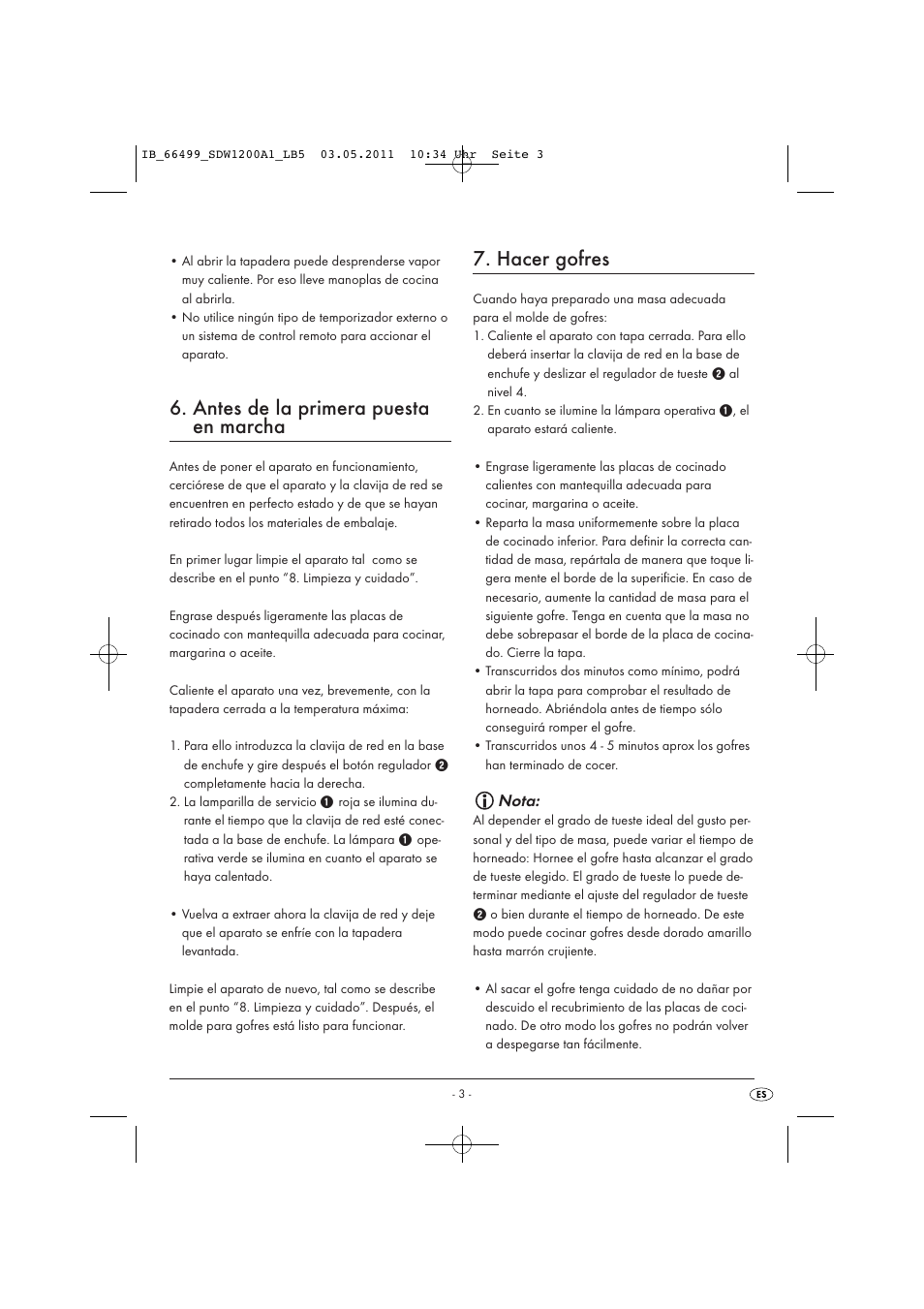 Antes de la primera puesta en marcha, Hacer gofres, Nota | Silvercrest SDW 1200 A1 User Manual | Page 5 / 42