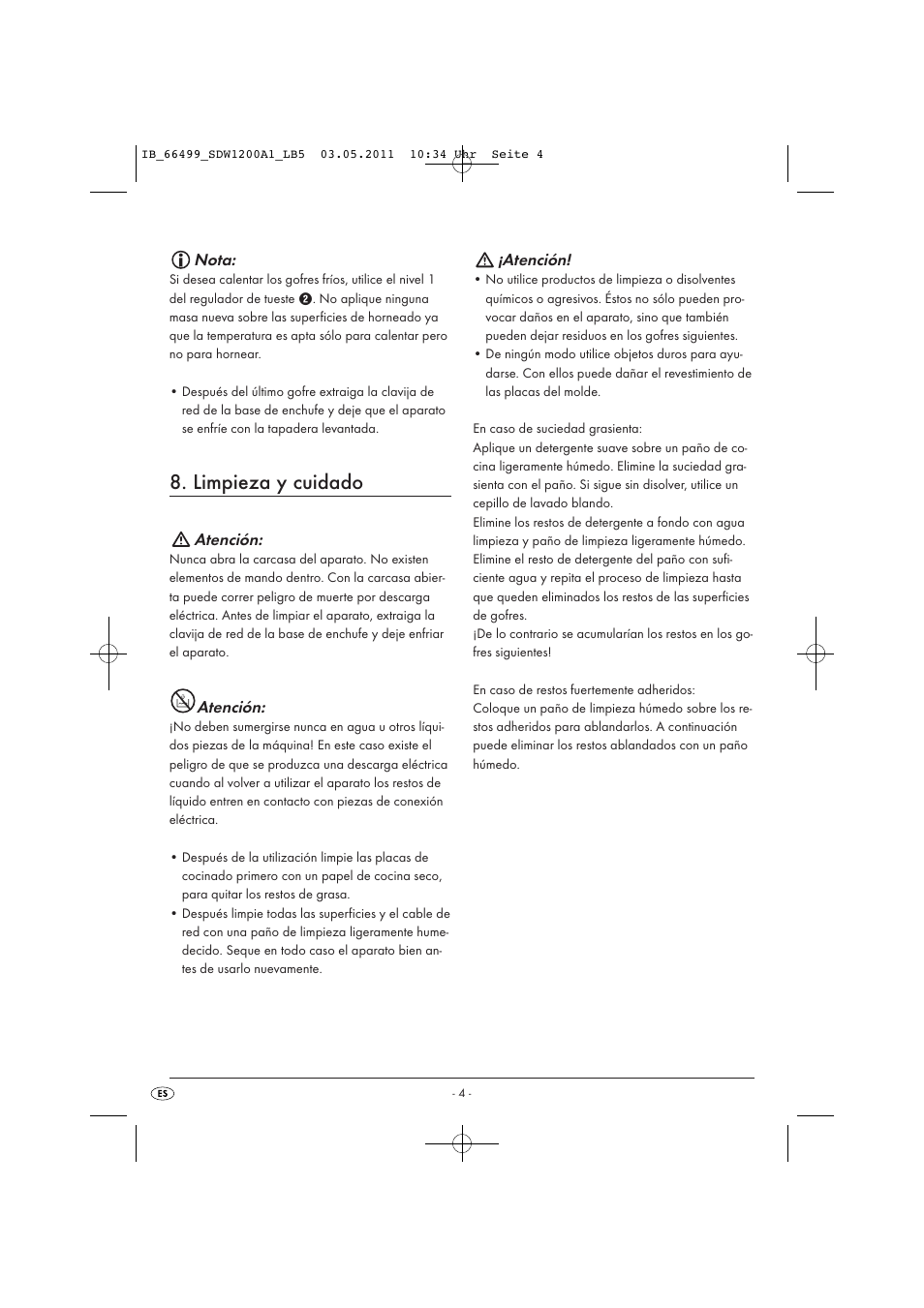 Limpieza y cuidado, Nota, Atención | Silvercrest SDW 1200 A1 User Manual | Page 6 / 42