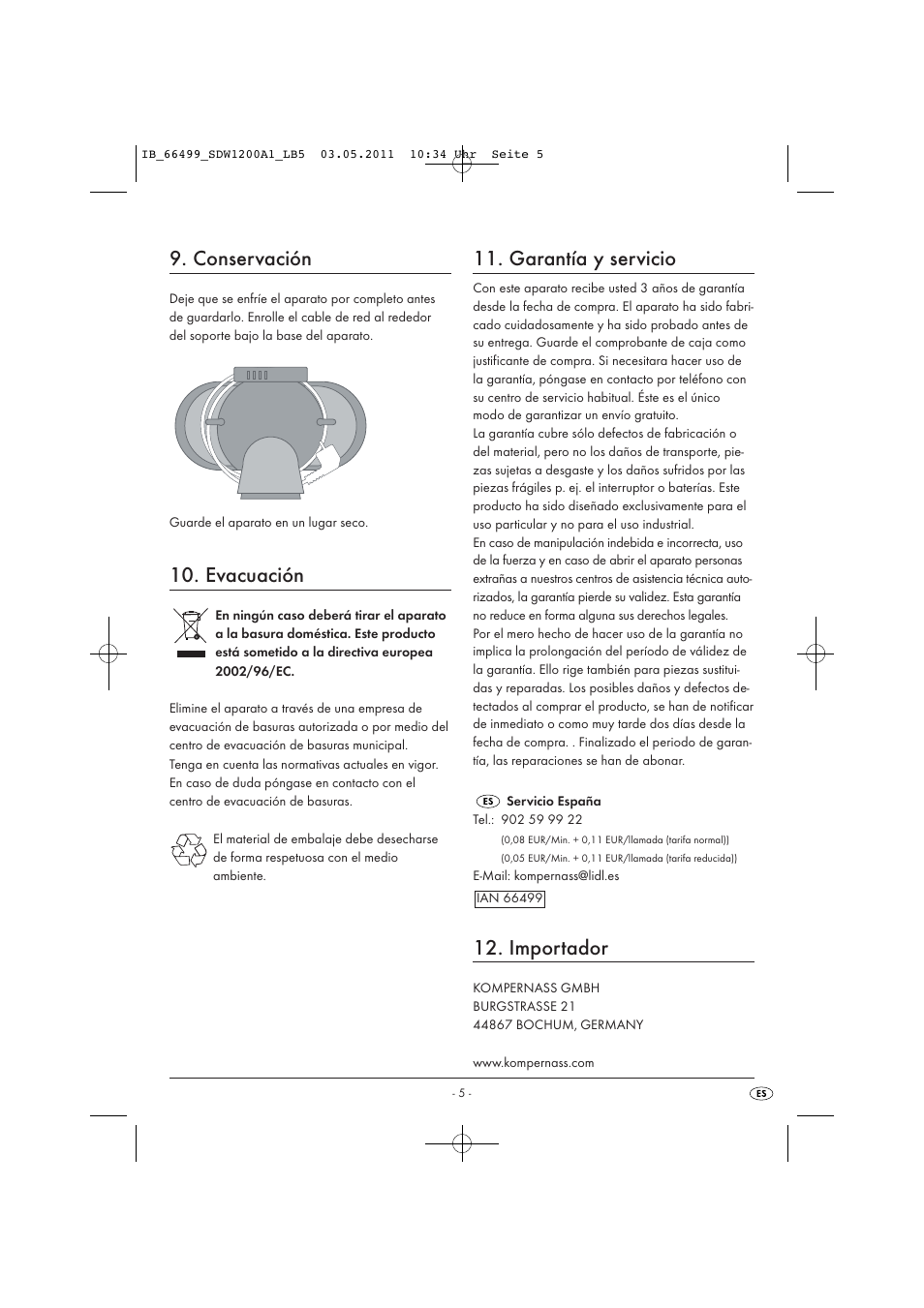 Conservación, Evacuación, Garantía y servicio | Importador | Silvercrest SDW 1200 A1 User Manual | Page 7 / 42