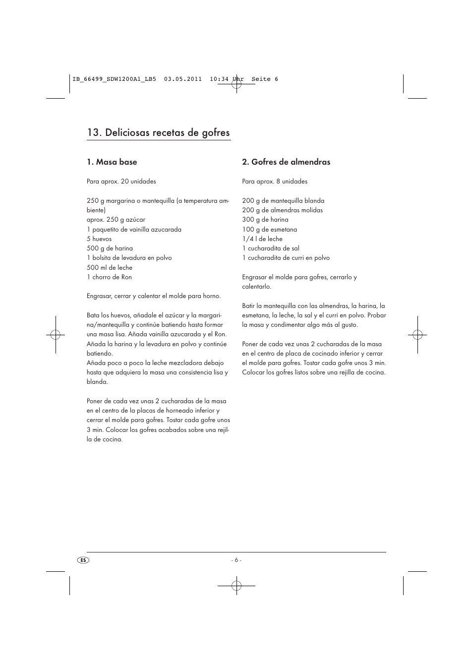 Deliciosas recetas de gofres, Masa base, Gofres de almendras | Silvercrest SDW 1200 A1 User Manual | Page 8 / 42