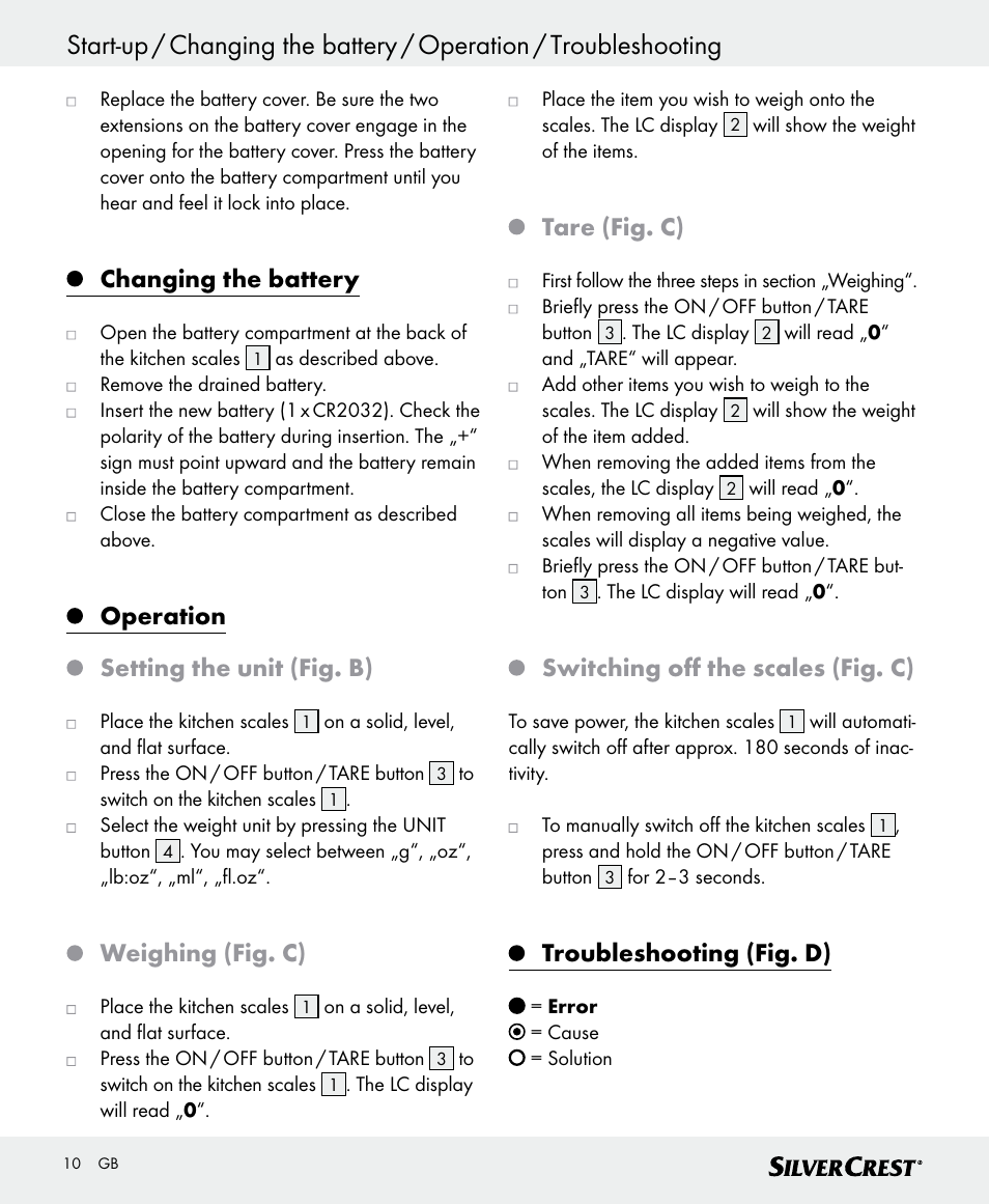 Changing the battery, Operation setting the unit (fig. b), Weighing (fig. c) | Tare (fig. c), Switching off the scales (fig. c), Troubleshooting (fig. d) | Silvercrest SKWD B1 User Manual | Page 10 / 56