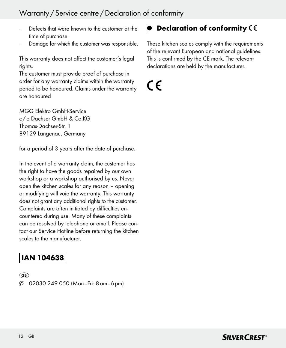 Declaration of conformity | Silvercrest SKWD B1 User Manual | Page 12 / 56