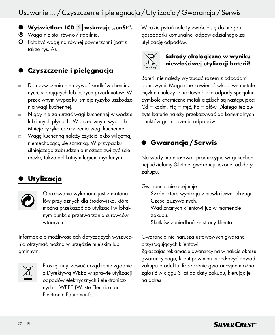 Czyszczenie i pielęgnacja, Utylizacja, Gwarancja / serwis | Silvercrest SKWD B1 User Manual | Page 20 / 56