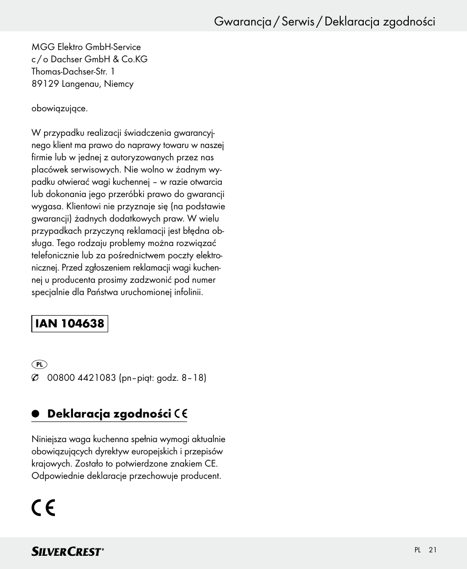 Gwarancja / serwis / deklaracja zgodności, Deklaracja zgodności | Silvercrest SKWD B1 User Manual | Page 21 / 56