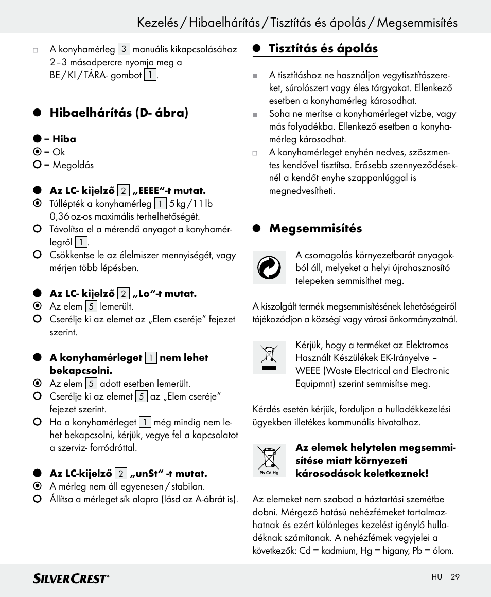 Hibaelhárítás (d- ábra), Tisztítás és ápolás, Megsemmisítés | Silvercrest SKWD B1 User Manual | Page 29 / 56