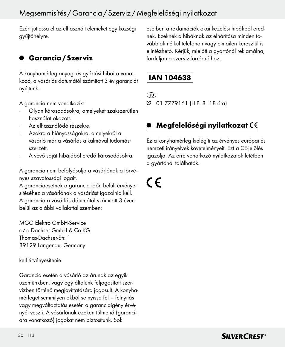 Garancia / szerviz, Megfelelőségi nyilatkozat | Silvercrest SKWD B1 User Manual | Page 30 / 56