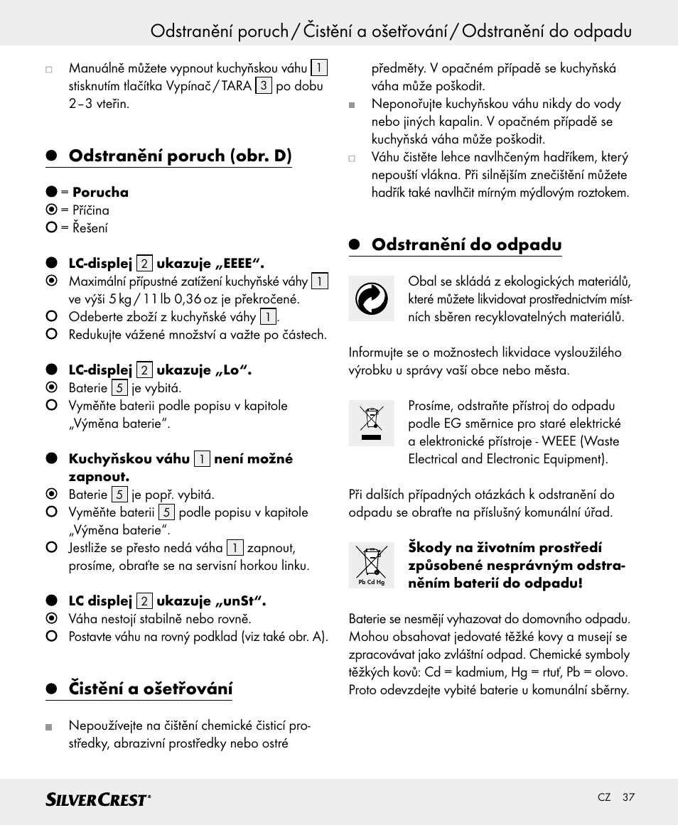 Odstranění poruch (obr. d), Čistění a ošetřování, Odstranění do odpadu | Silvercrest SKWD B1 User Manual | Page 37 / 56