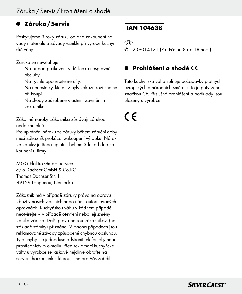 Záruka / servis / prohlášení o shodě, Záruka / servis, Prohlášení o shodě | Silvercrest SKWD B1 User Manual | Page 38 / 56