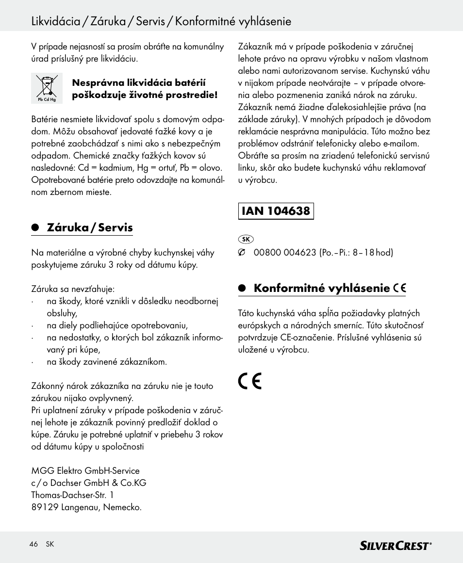 Záruka / servis, Konformitné vyhlásenie | Silvercrest SKWD B1 User Manual | Page 46 / 56