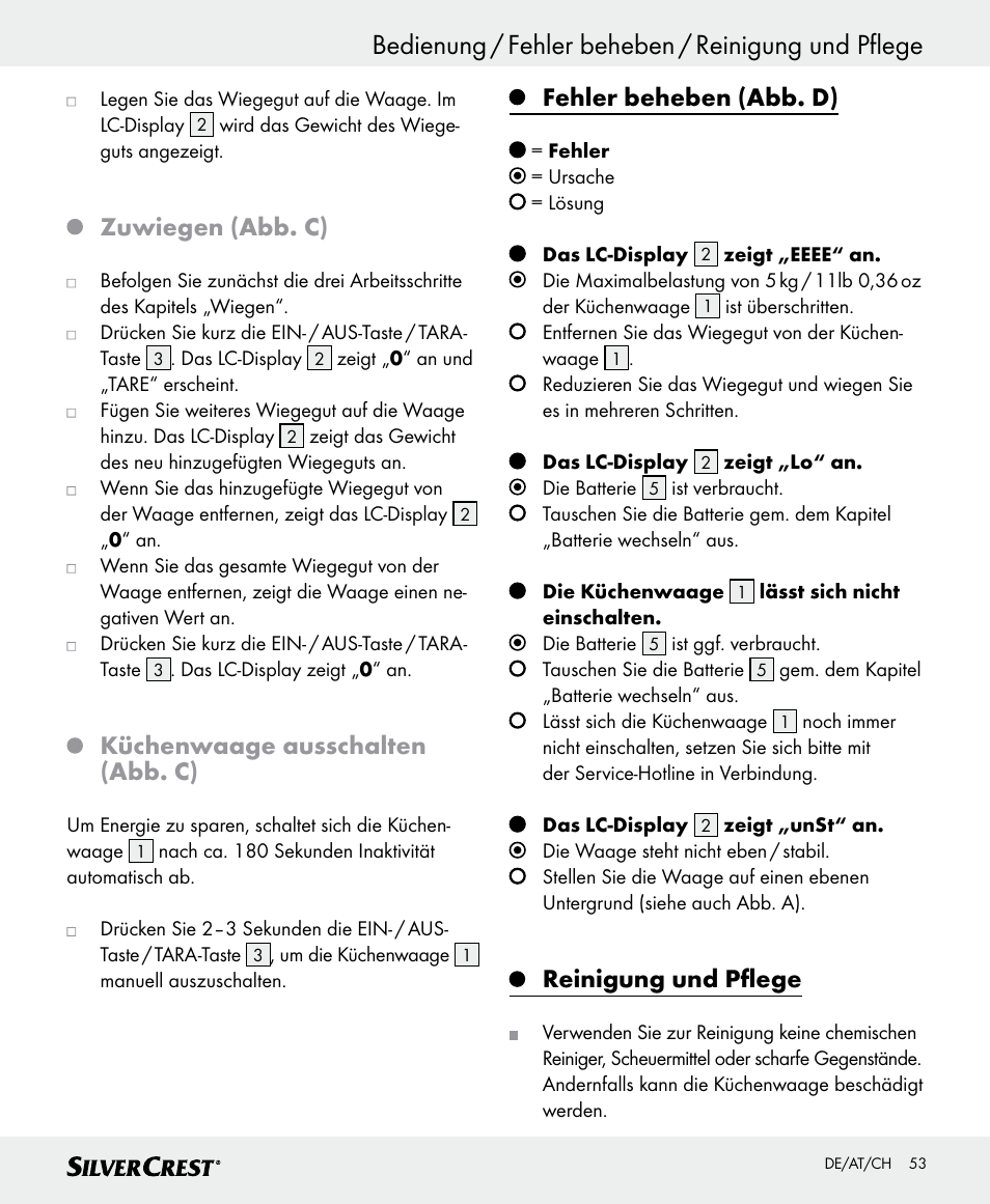 Bedienung / fehler beheben / reinigung und pflege, Zuwiegen (abb. c), Küchenwaage ausschalten (abb. c) | Fehler beheben (abb. d), Reinigung und pflege | Silvercrest SKWD B1 User Manual | Page 53 / 56