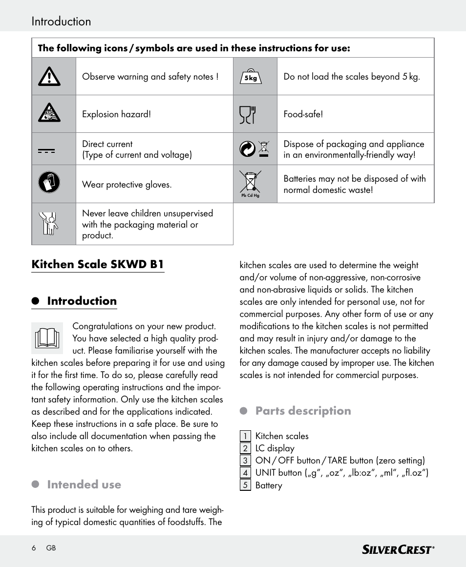 Introduction, Kitchen scale skwd b1 introduction, Intended use | Parts description | Silvercrest SKWD B1 User Manual | Page 6 / 56