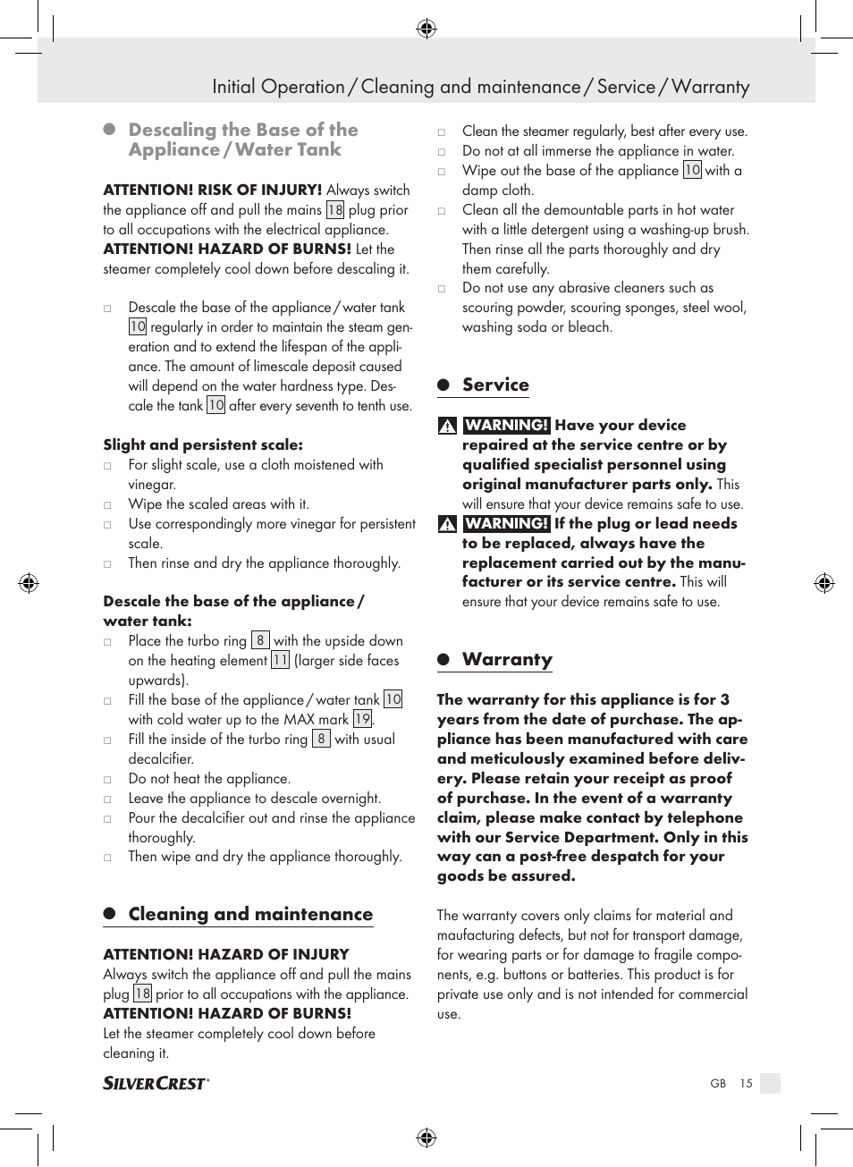 Descaling the base of the appliance / water tank, Cleaning and maintenance, Service | Warranty | Silvercrest SDG 800 A1 User Manual | Page 13 / 83