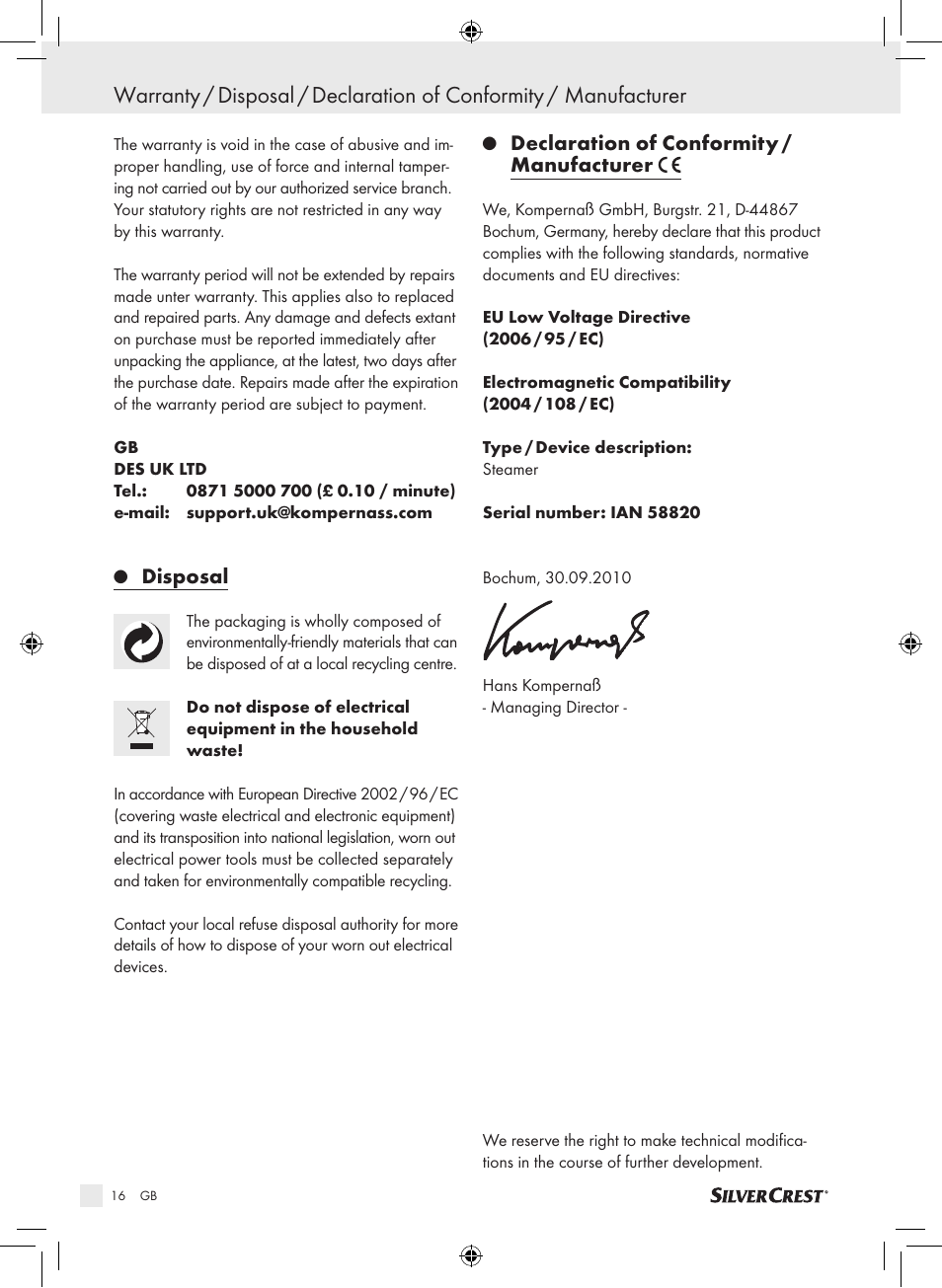 Disposal, Declaration of conformity / manufacturer | Silvercrest SDG 800 A1 User Manual | Page 14 / 83