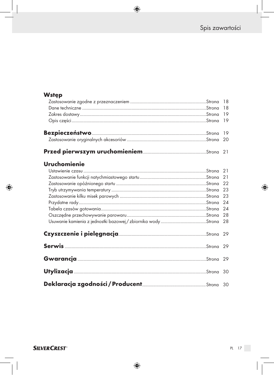 Spis zawartości, Wstęp, Bezpieczeństwo | Przed pierwszym uruchomieniem, Uruchomienie, Czyszczenie i pielęgnacja, Serwis, Gwarancja, Utylizacja, Deklaracja zgodności / producent | Silvercrest SDG 800 A1 User Manual | Page 15 / 83