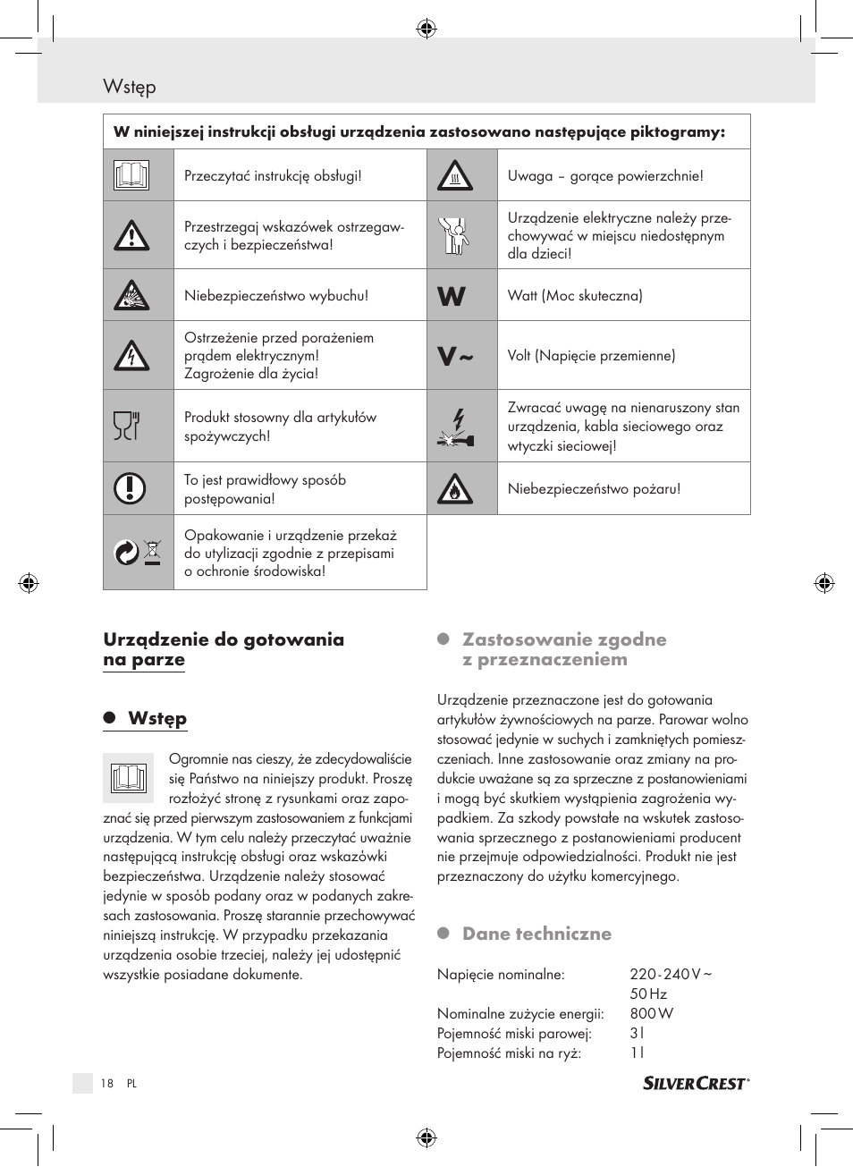 Wstęp, Urządzenie do gotowania na parze, Zastosowanie zgodne z przeznaczeniem | Dane techniczne | Silvercrest SDG 800 A1 User Manual | Page 16 / 83