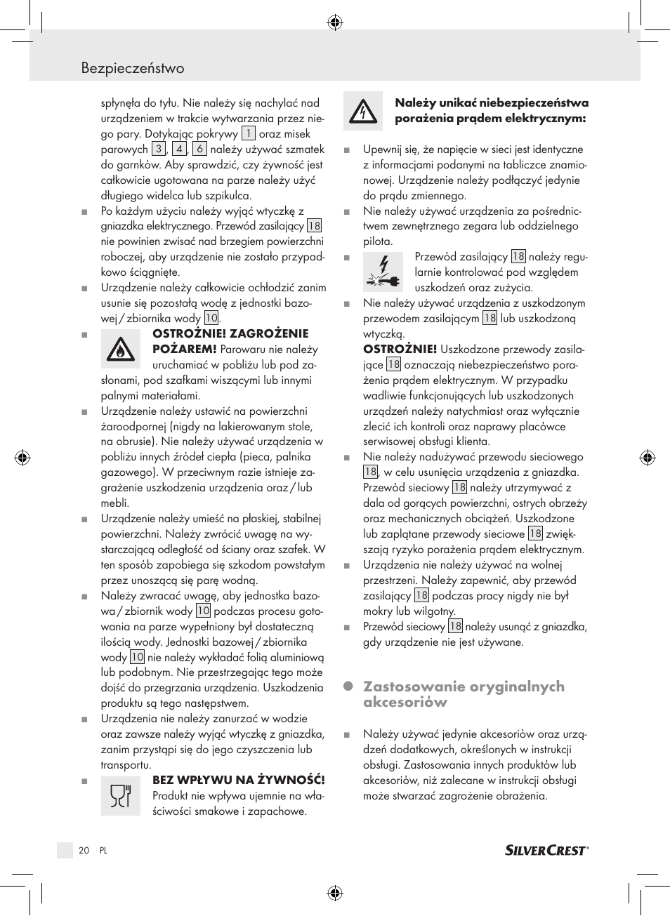 Bezpieczeństwo, Zastosowanie oryginalnych akcesoriόw | Silvercrest SDG 800 A1 User Manual | Page 18 / 83