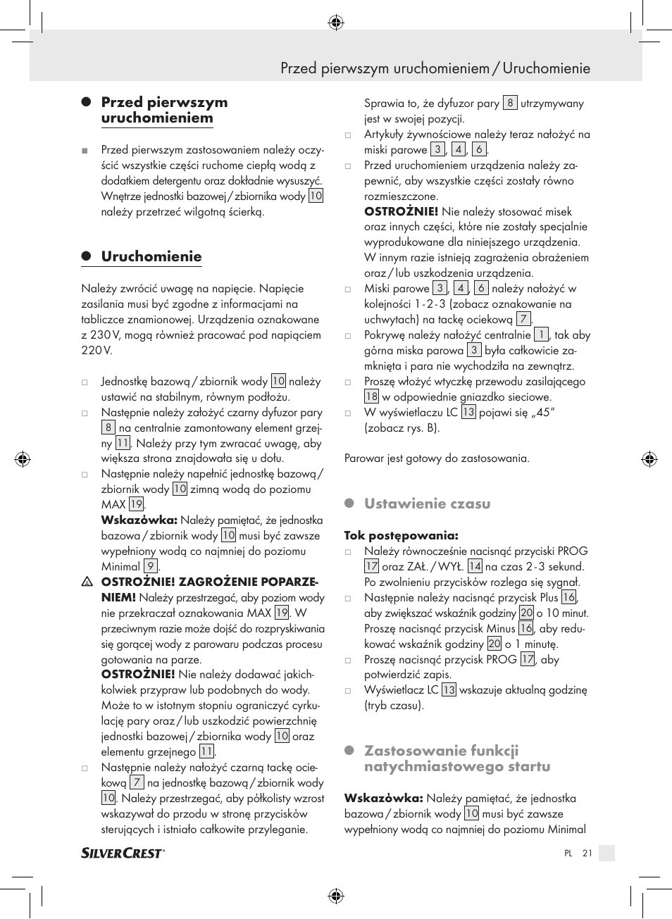 Przed pierwszym uruchomieniem / uruchomienie, Przed pierwszym uruchomieniem, Uruchomienie | Ustawienie czasu, Zastosowanie funkcji natychmiastowego startu | Silvercrest SDG 800 A1 User Manual | Page 19 / 83