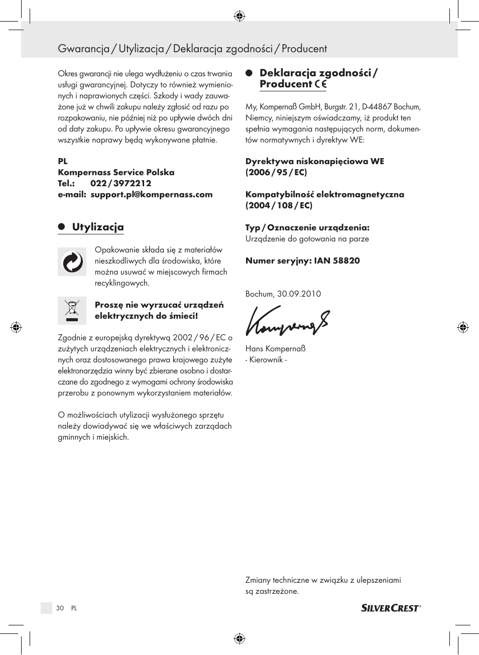 Utylizacja, Deklaracja zgodności / producent | Silvercrest SDG 800 A1 User Manual | Page 28 / 83