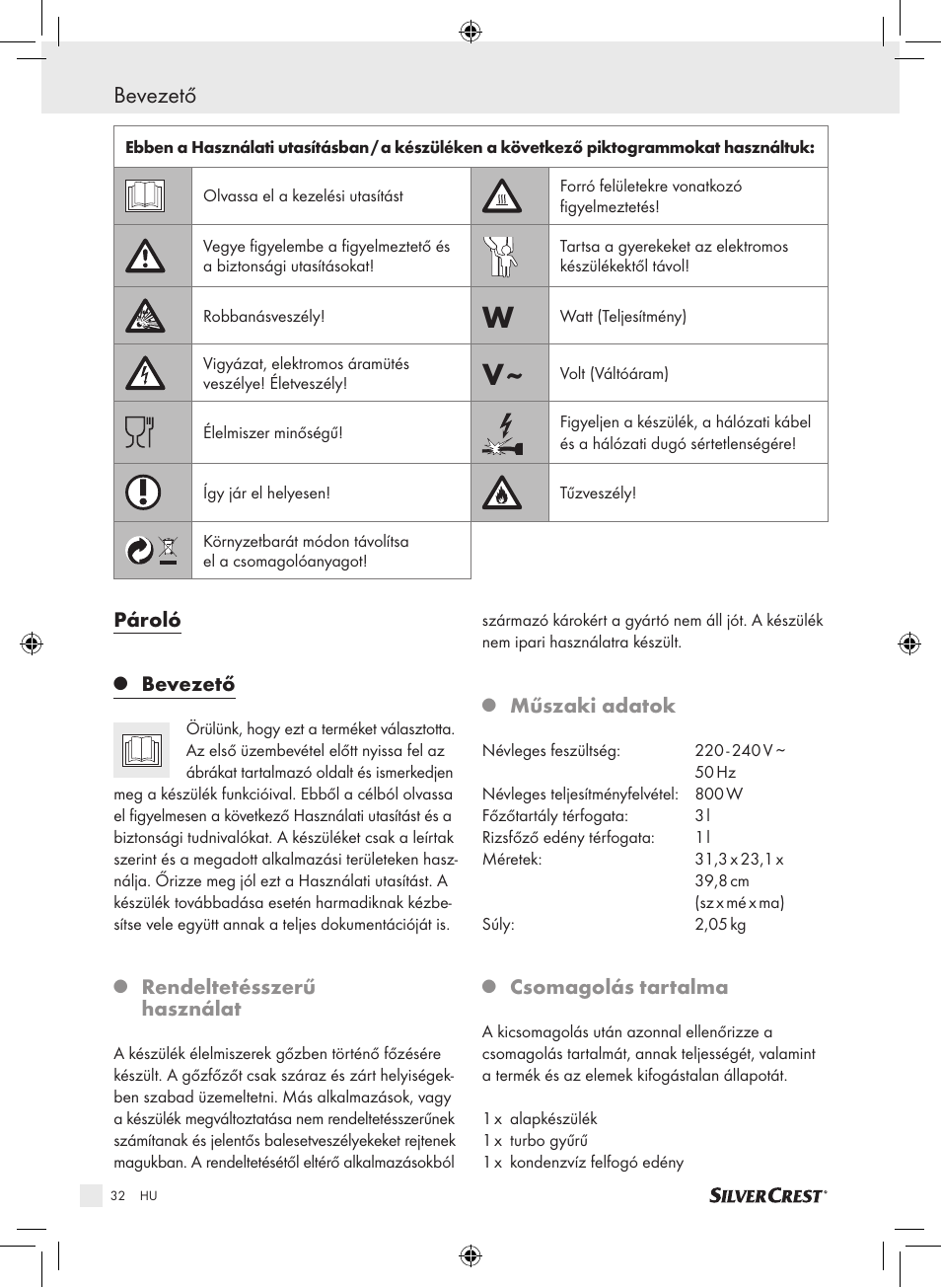 Bevezető, Pároló, Rendeltetésszerű használat | Műszaki adatok, Csomagolás tartalma | Silvercrest SDG 800 A1 User Manual | Page 30 / 83