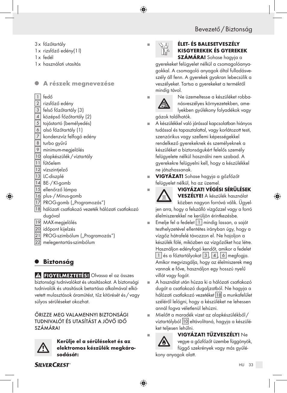 Bevezető / biztonság, A részek megnevezése, Biztonság | Silvercrest SDG 800 A1 User Manual | Page 31 / 83