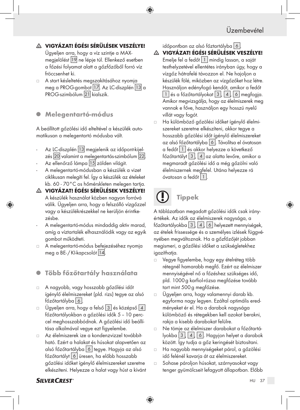 Üzembevétel, Melegentartó-módus, Több főzőtartály használata | Tippek | Silvercrest SDG 800 A1 User Manual | Page 35 / 83