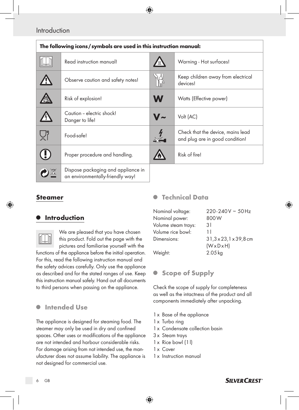 Introduction, Steamer, Intended use | Technical data, Scope of supply | Silvercrest SDG 800 A1 User Manual | Page 4 / 83