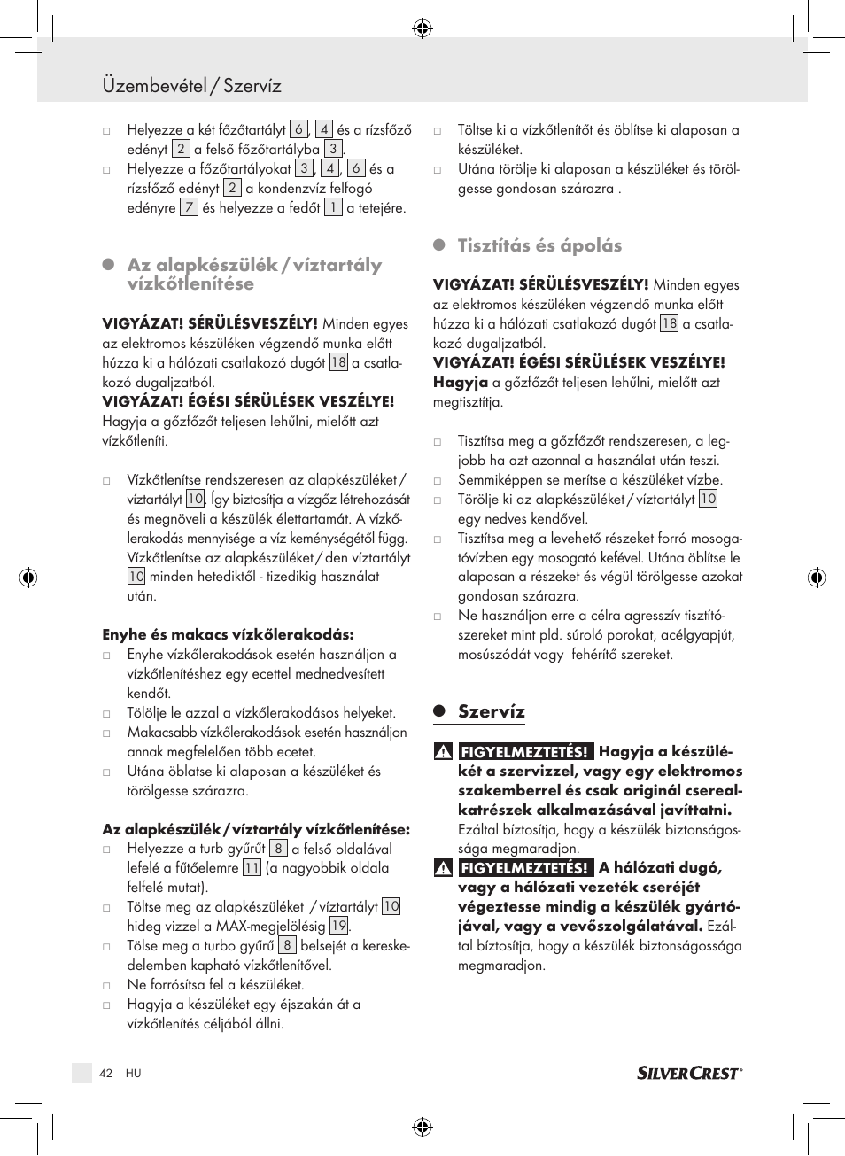 Üzembevétel / szervíz, Az alapkészülék / víztartály vízkőtlenítése, Tisztítás és ápolás | Szervíz | Silvercrest SDG 800 A1 User Manual | Page 40 / 83