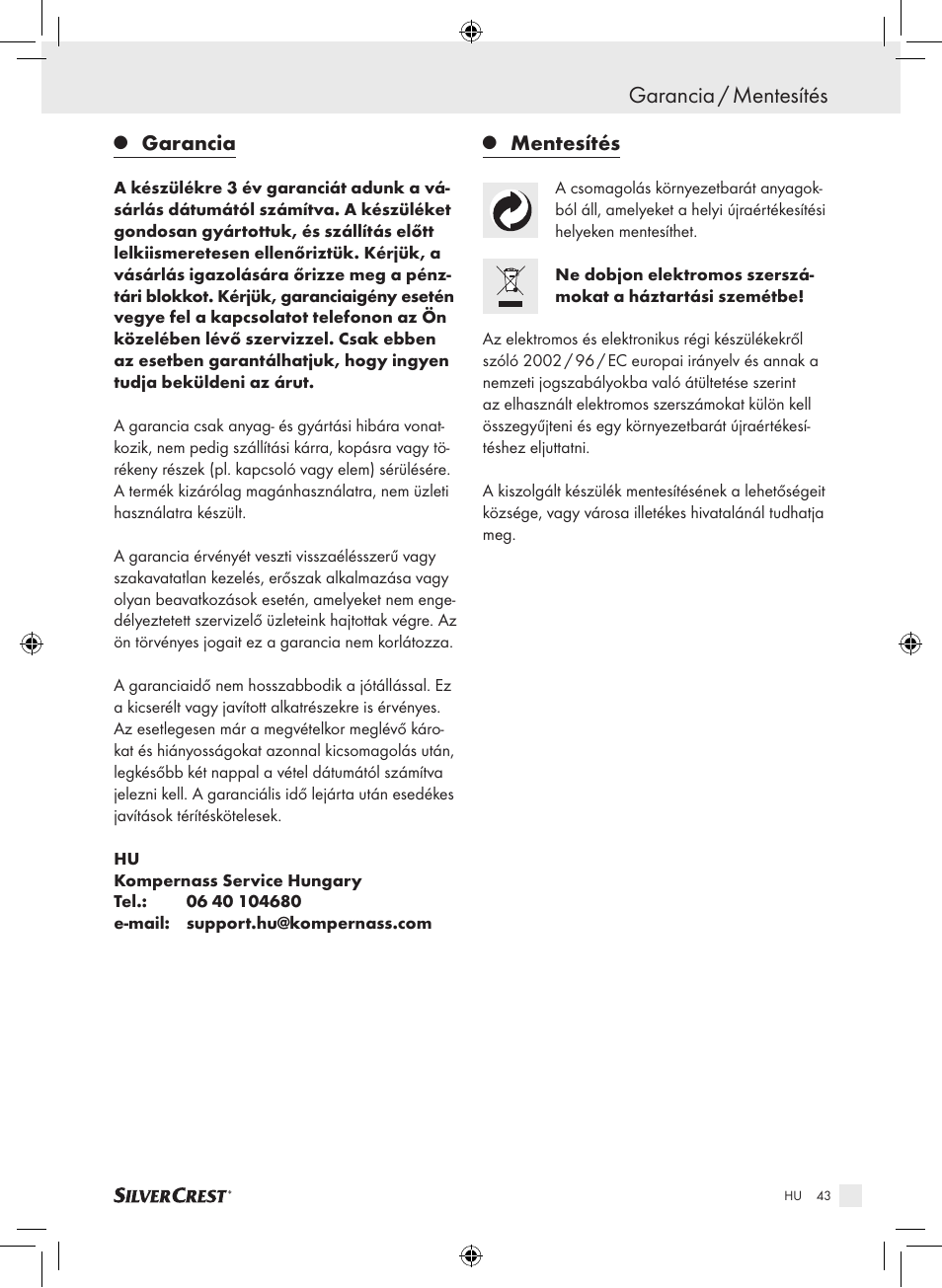 Garancia / mentesítés, Garancia, Mentesítés | Silvercrest SDG 800 A1 User Manual | Page 41 / 83