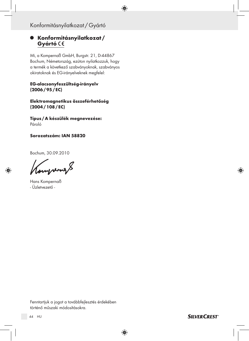 Konformitásnyilatkozat / gyártó | Silvercrest SDG 800 A1 User Manual | Page 42 / 83