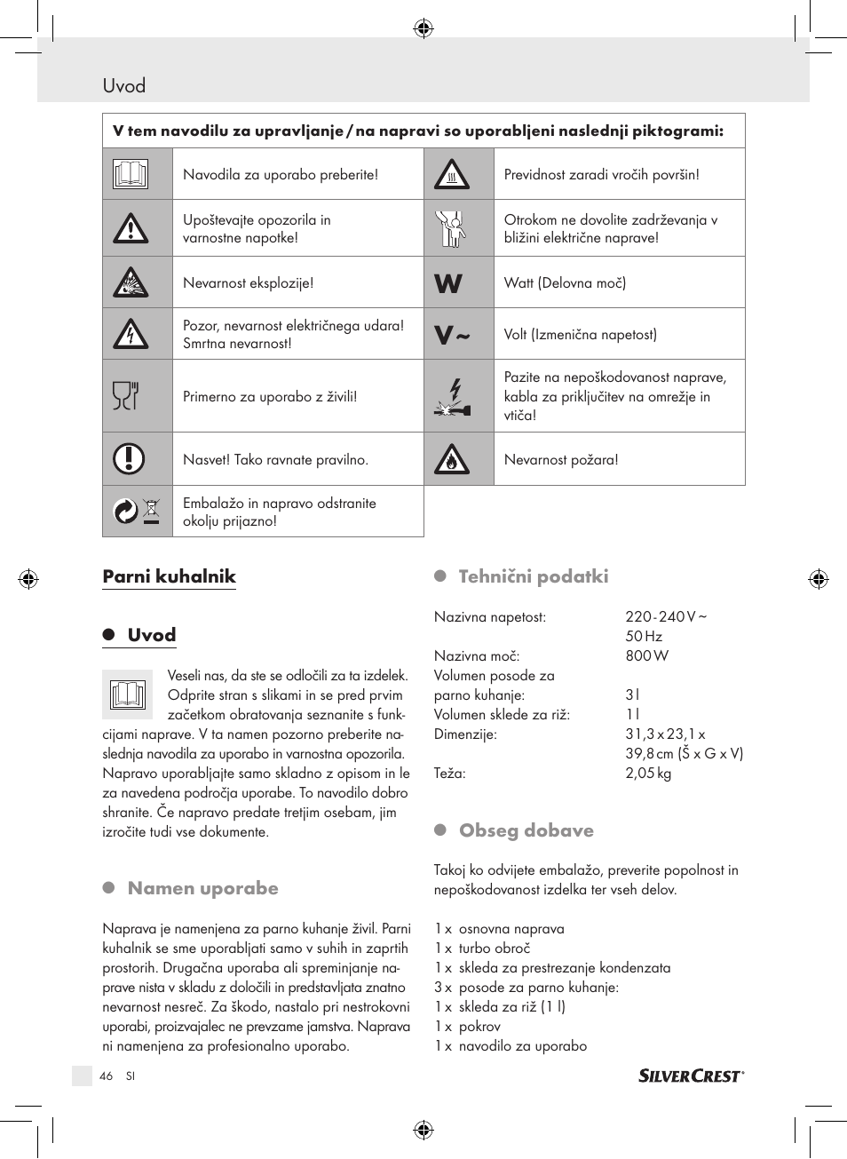 Uvod, Parni kuhalnik, Namen uporabe | Tehnični podatki, Obseg dobave | Silvercrest SDG 800 A1 User Manual | Page 44 / 83